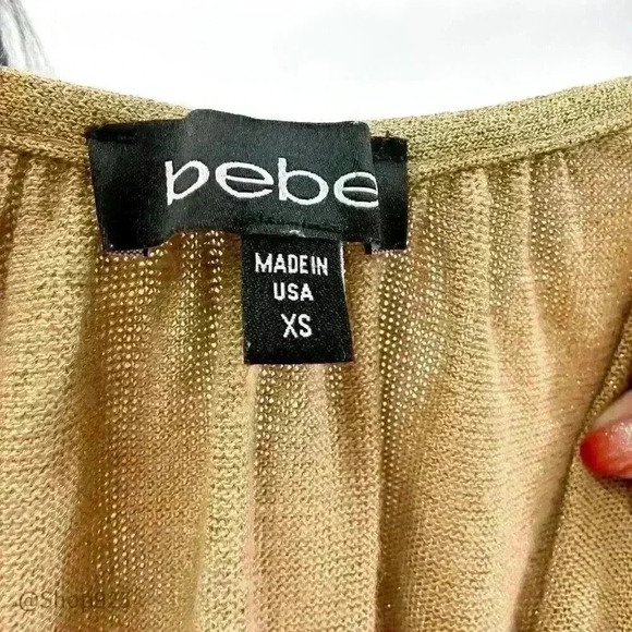 Gold BEBE shoulder cut out  dress with chain - Picture 6 of 6